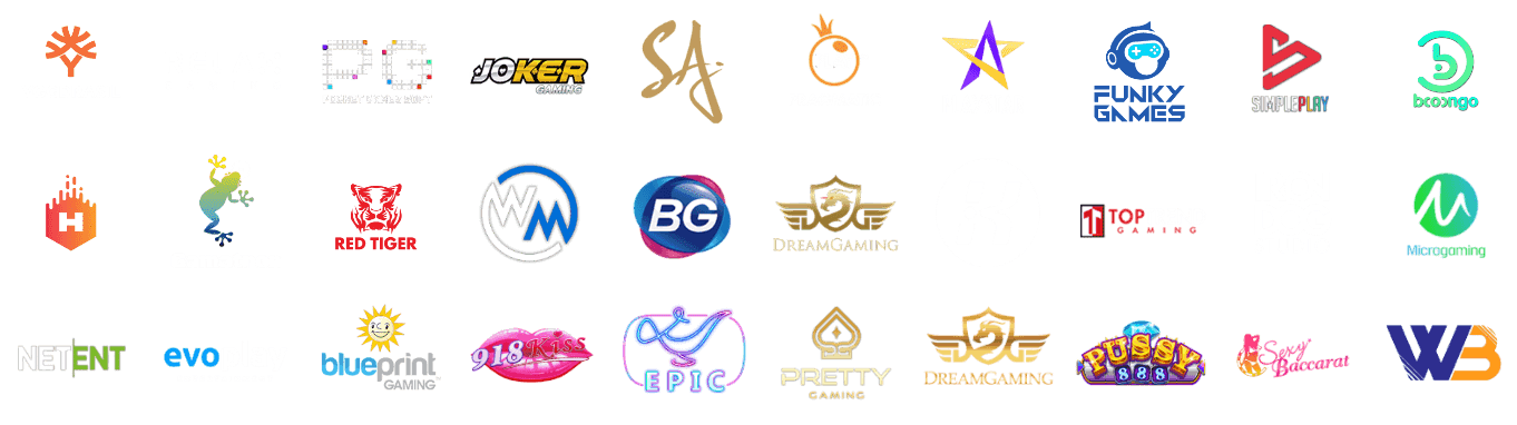 โลโก้ค่ายเกมสล็อตชั้นนำของ PANGJAD99 รวม Yggdrasil Pragmatic Play Joker Gaming PG Slot NetEnt Red Tiger และค่ายเกมออนไลน์ยอดนิยม
